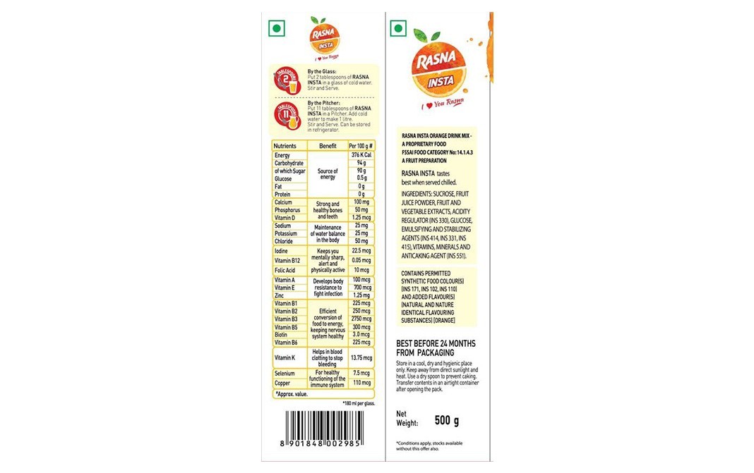 Rasna Insta - Instant Orange    Pack  500 grams